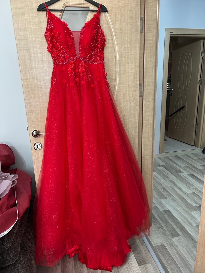 Kırmızı İşlemeli ince askılı kına Elbisesi - Görsel 4