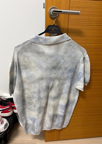 Gri Batik Desenli Erkek Keten Polo Tişört - Görsel 3