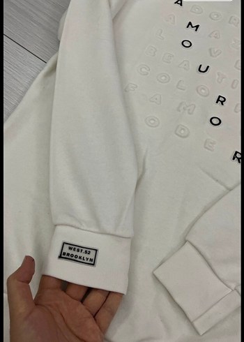 Beyaz Pamuklu Erkek Yazı ve kabartma detaylı Sweatshirt - Görsel 2