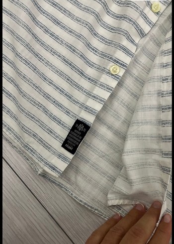 Beyaz Mavi Çizgili Uzun Kollu çizgili Keten Erkek Gömlek - Görsel 6
