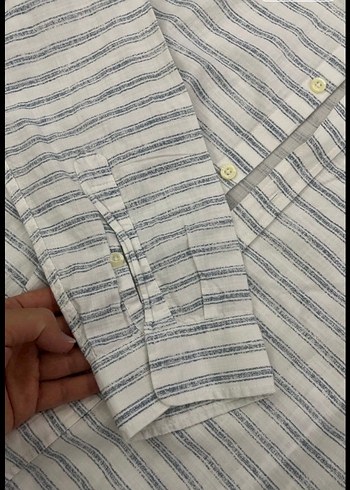 Beyaz Mavi Çizgili Uzun Kollu çizgili Keten Erkek Gömlek - Görsel 4