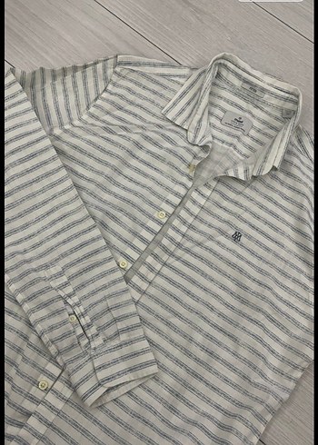 Beyaz Mavi Çizgili Uzun Kollu çizgili Keten Erkek Gömlek - Görsel 5