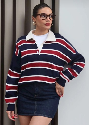 Çizgili polo yaka  Uzun Kollu Kadın Kazak - Görsel 2