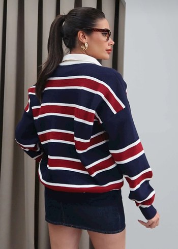 Çizgili polo yaka  Uzun Kollu Kadın Kazak - Görsel 3