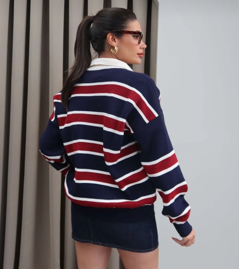 Çizgili polo yaka  Uzun Kollu Kadın Kazak - Görsel 3