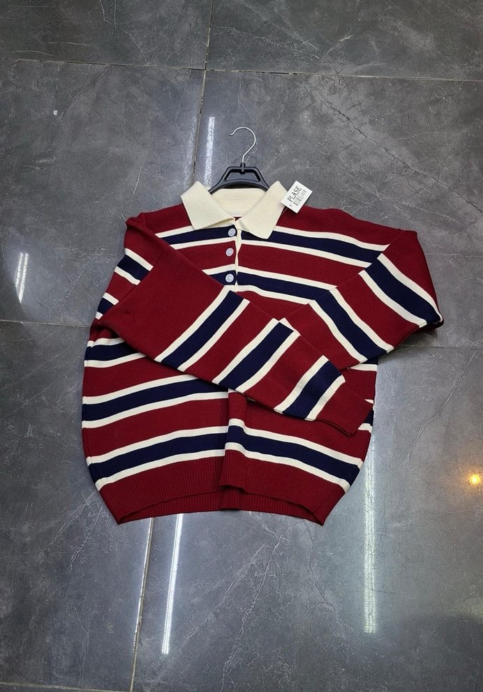 Polo yaka Çizgili Triko  Kazak - Görsel 3