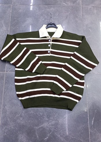 Polo Yaka Çizgili trıko Kazak - Görsel 2