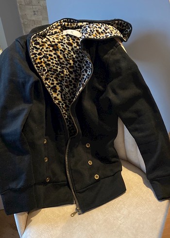 Siyah Leopar Desenli Kadın Süet Ceket - Görsel 3
