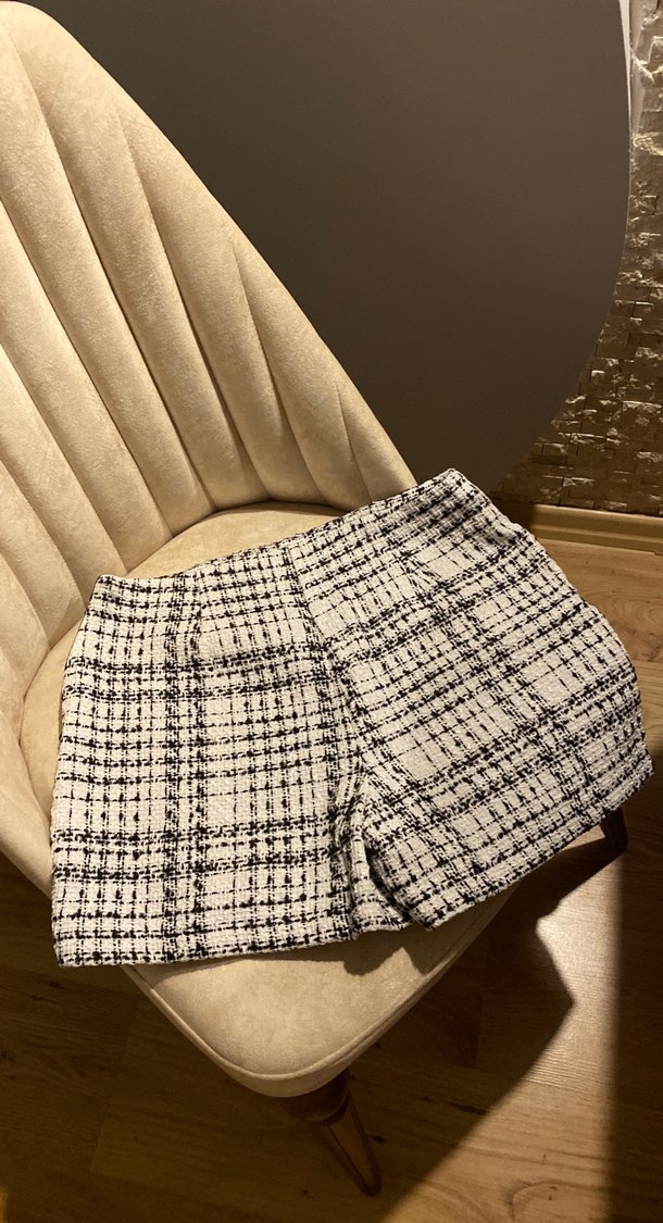 Bej kareli Kadın Mini Etek - Görsel 2