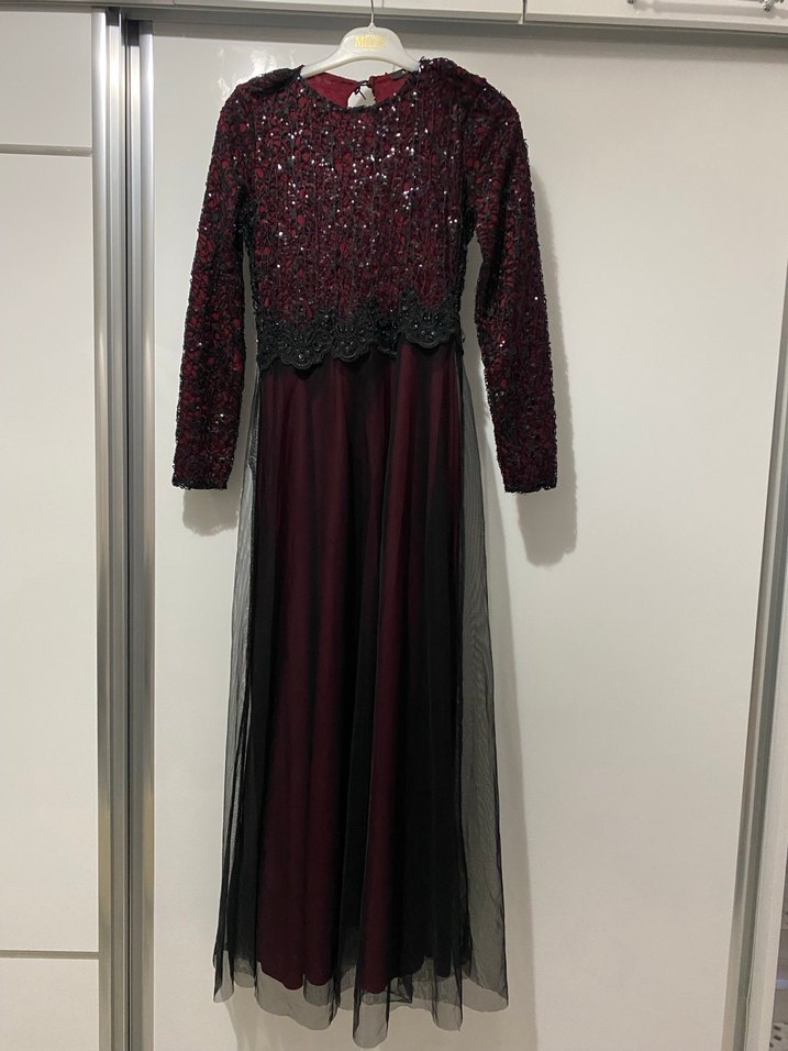 Bordo Uzun Kollu Uzun Elbise - Görsel 3