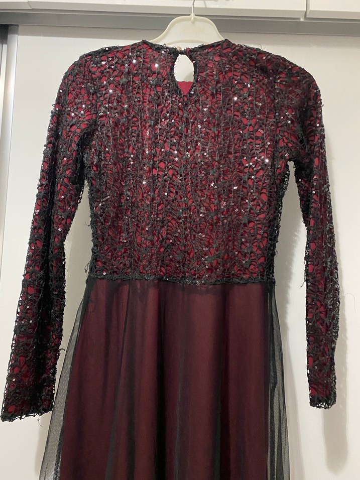 Bordo Uzun Kollu Uzun Elbise - Görsel 4