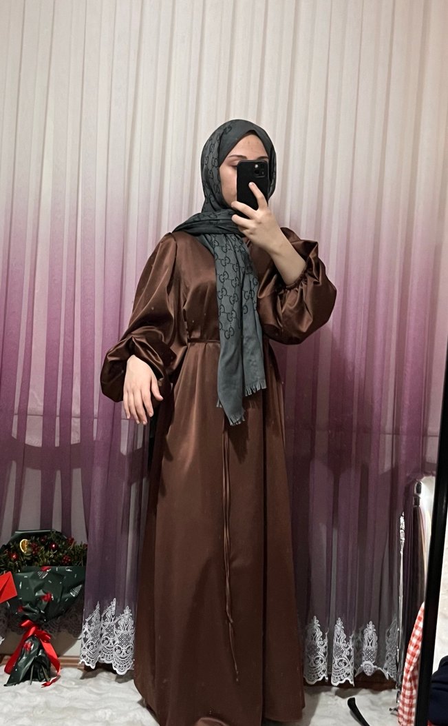 Drapeli Kahverengi Uzun Kadın Elbise - Görsel 2