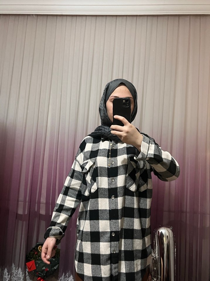 Gri Kareli Uzun Kollu Kadın Gömlek - Görsel 4