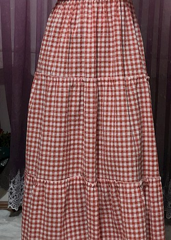 Uzun, Salaş, Fırfırlı Turuncu Ekose Elbise - Görsel 6