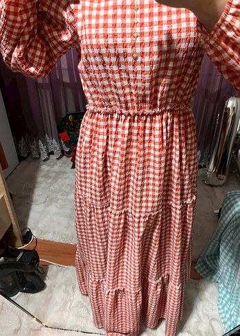 Uzun, Salaş, Fırfırlı Turuncu Ekose Elbise - Görsel 5