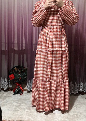 Uzun, Salaş, Fırfırlı Turuncu Ekose Elbise - Görsel 4