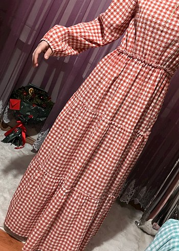 Uzun, Salaş, Fırfırlı Turuncu Ekose Elbise - Görsel 3