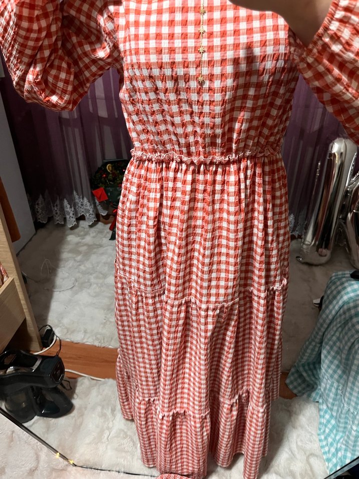 Uzun, Salaş, Fırfırlı Turuncu Ekose Elbise - Görsel 5