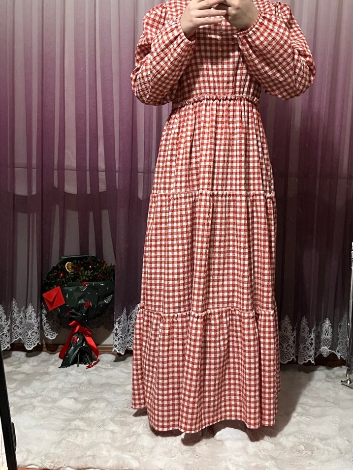 Uzun, Salaş, Fırfırlı Turuncu Ekose Elbise - Görsel 4