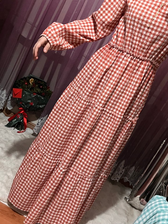 Uzun, Salaş, Fırfırlı Turuncu Ekose Elbise - Görsel 3