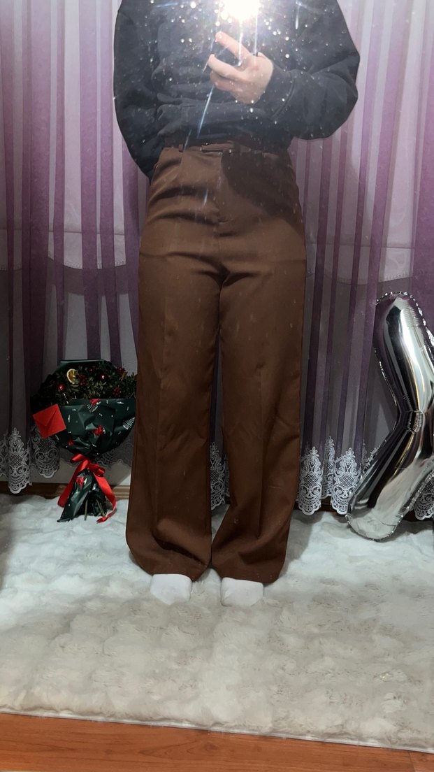 Kahverengi Rahat Kesim Kadın Kumaş Pantolon - Görsel 4