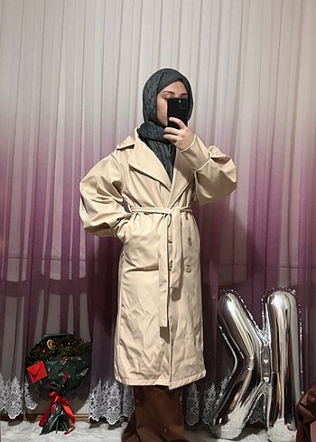 Bej Salaş Kadın Uzun Trençkot - Görsel 8