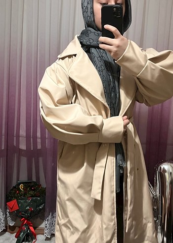 Bej Salaş Kadın Uzun Trençkot - Görsel 2