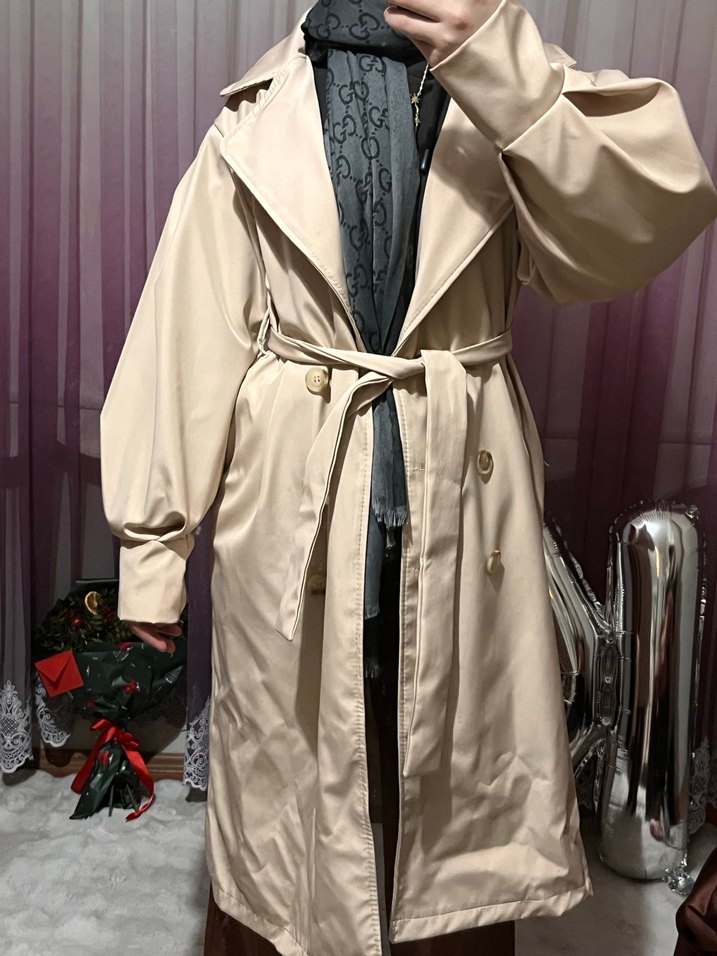 Bej Salaş Kadın Uzun Trençkot - Görsel 4