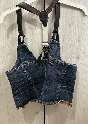 denim top yelek y2k kisa deri strap - Görsel 3