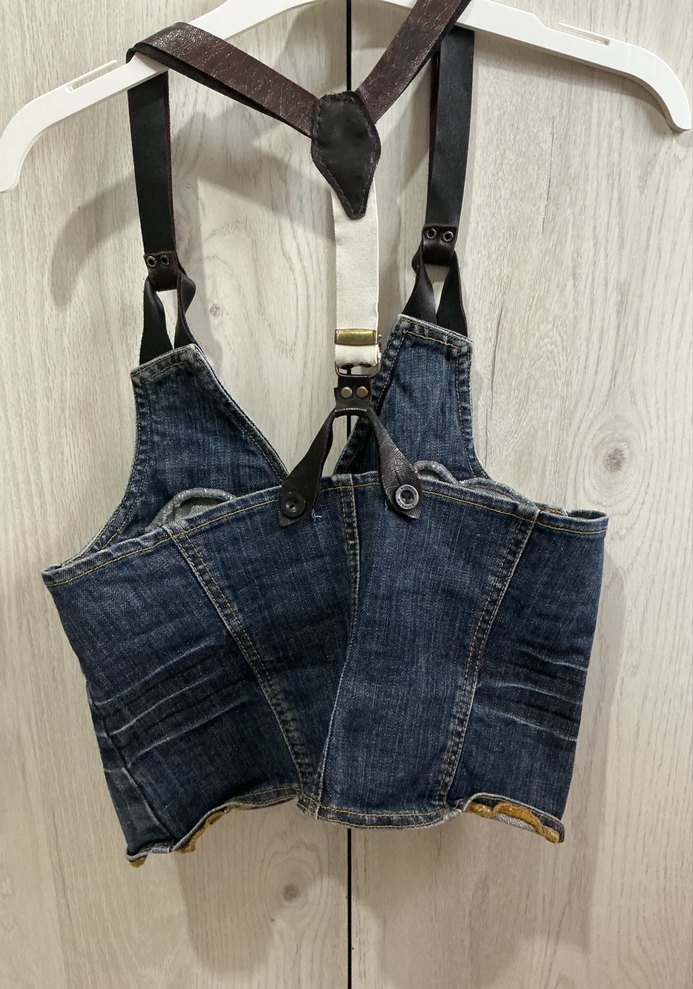 denim top yelek y2k kisa deri strap - Görsel 3