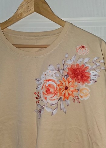 Bej Çiçek Baskılı Bol Kesim Hamile Tişört - Görsel 3