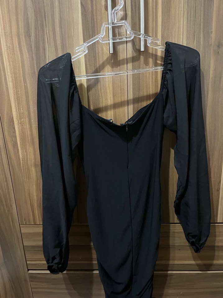 Uzun Kollu Drapeli Siyah Straplez Abiye - Görsel 2