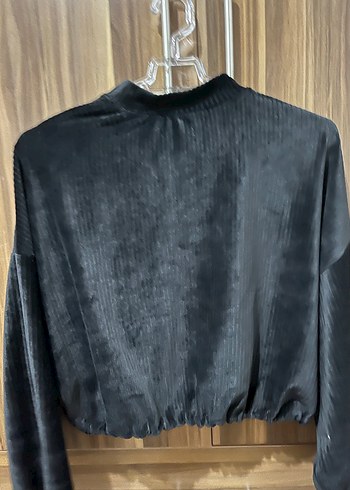 Kadın Siyah Süet Pilili Uzun Kollu kadife Kazak - Görsel 2