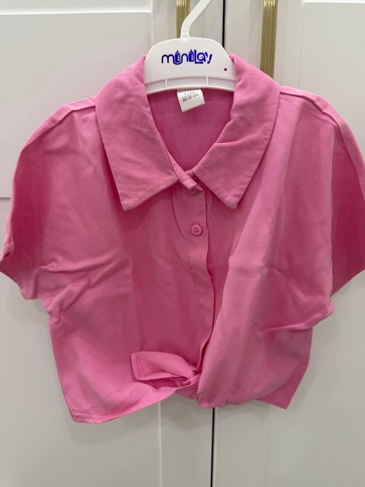 Pembe Kısa Kollu bağlamalı gömlek - Görsel 3