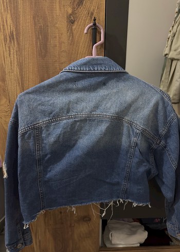 Düğmeli Kısa Mavi Denim Ceket - Görsel 5