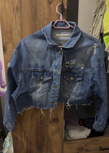 Düğmeli Kısa Mavi Denim Ceket - Görsel 2