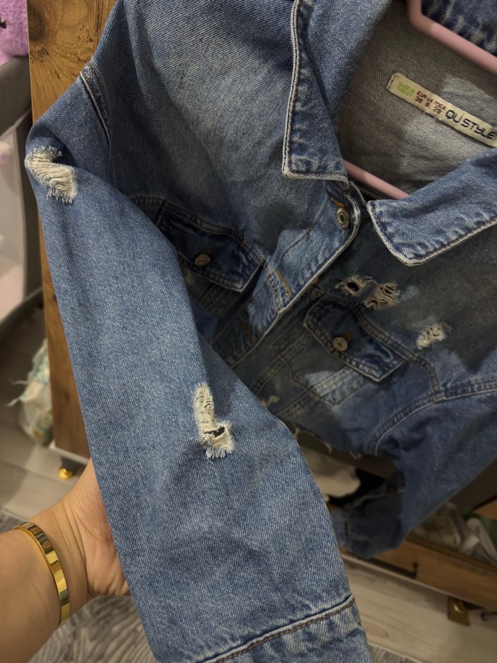 Düğmeli Kısa Mavi Denim Ceket - Görsel 3