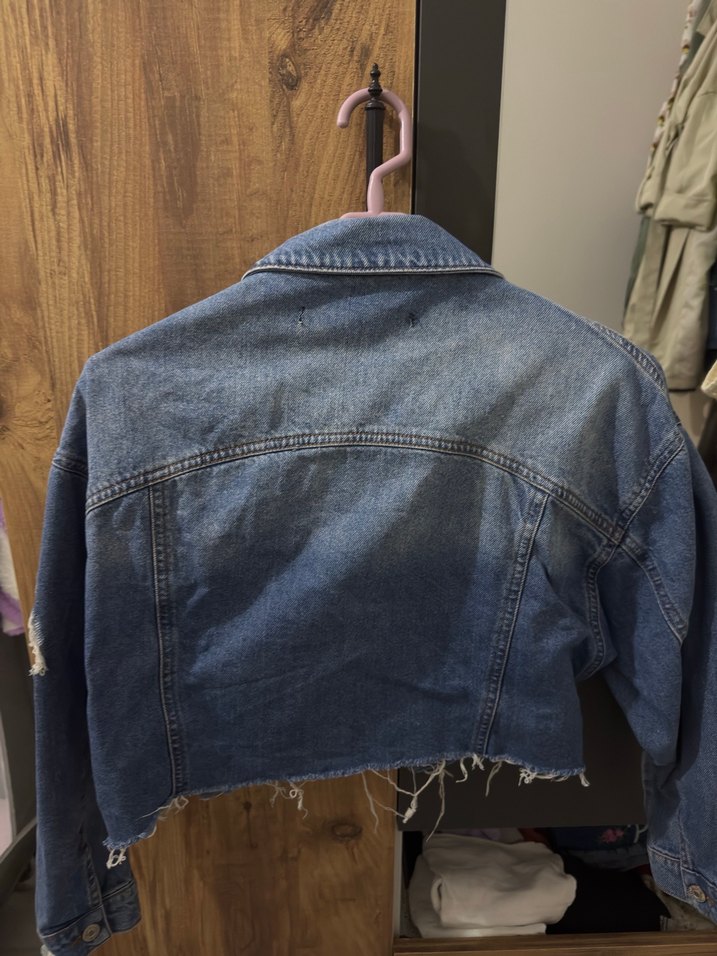 Düğmeli Kısa Mavi Denim Ceket - Görsel 5