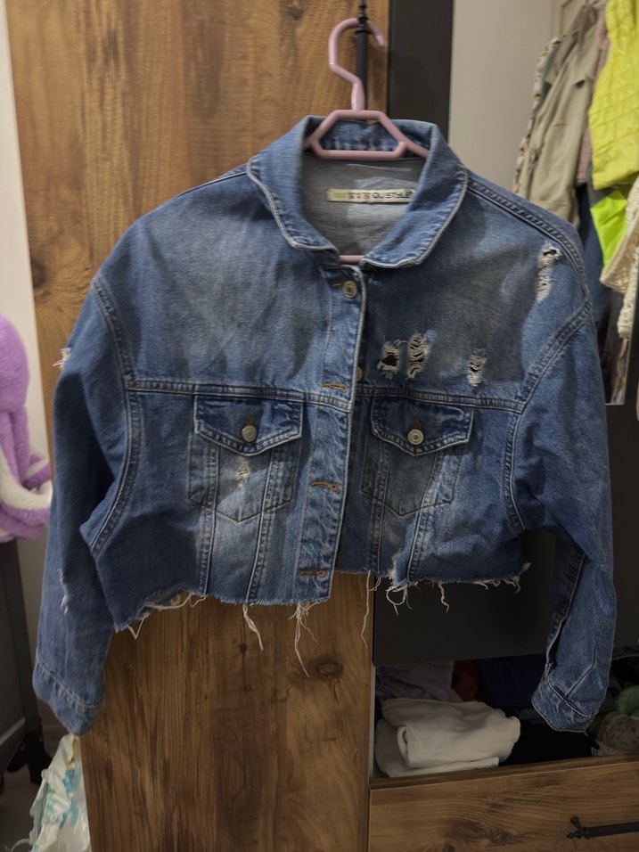 Düğmeli Kısa Mavi Denim Ceket - Görsel 2