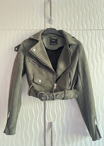 Haki Kemerli Deri Biker Ceket - Görsel 3
