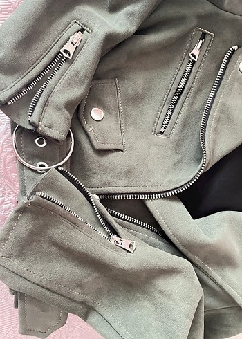 Haki Kemerli Deri Biker Ceket - Görsel 9