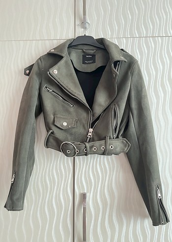 Haki Kemerli Deri Biker Ceket - Görsel 5