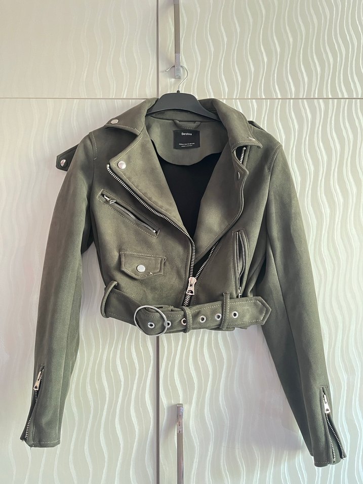 Haki Kemerli Deri Biker Ceket - Görsel 3