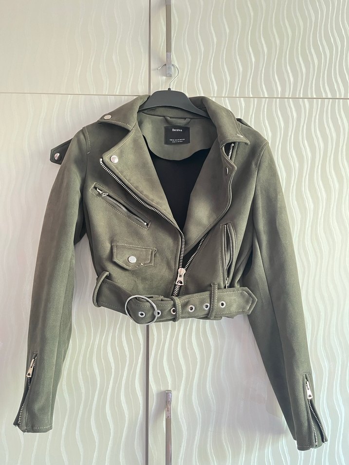 Haki Kemerli Deri Biker Ceket - Görsel 2