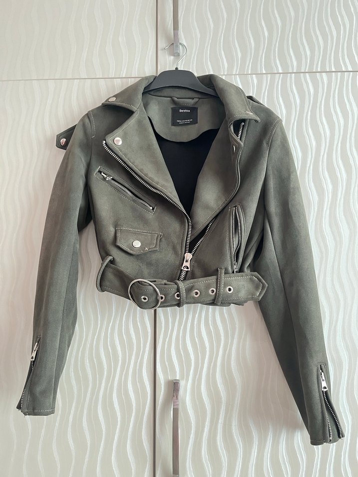 Haki Kemerli Deri Biker Ceket - Görsel 5