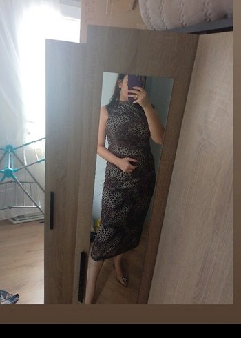 Gri Leopar Desenli leopar midi elbise - Görsel 5