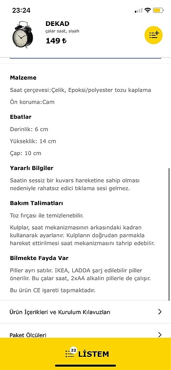 Beden siyah Renk İkea çalar saat