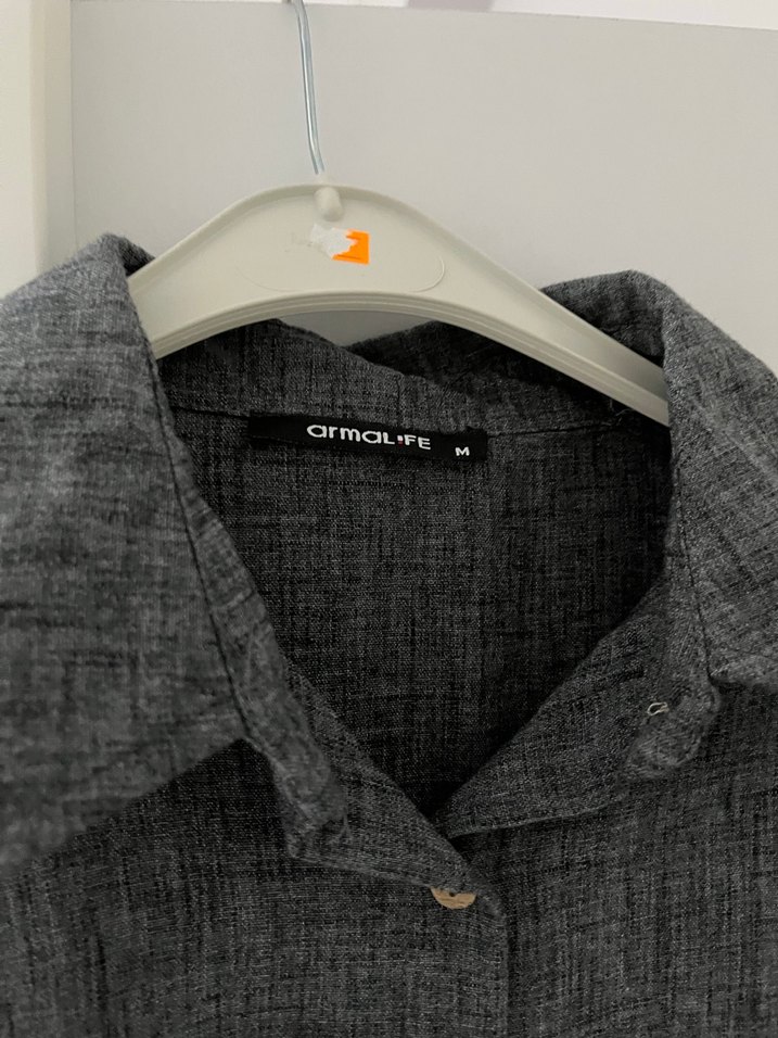 Kadın Gri Keten Düğmeli Gömlek - Görsel 2