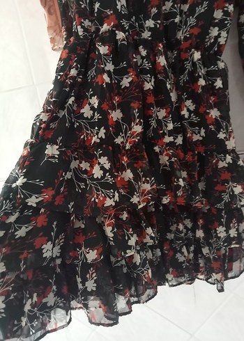 Siyah Uzun Kollu V Yaka Şifon Elbise - Görsel 3