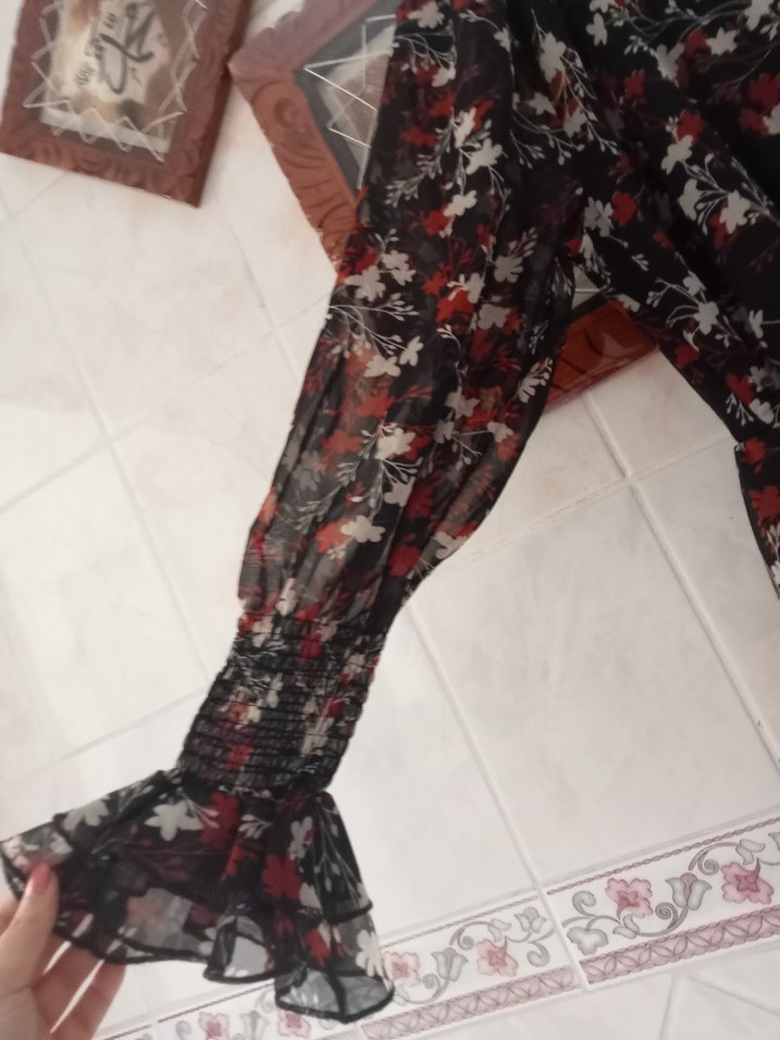 Siyah Uzun Kollu V Yaka Şifon Elbise - Görsel 5